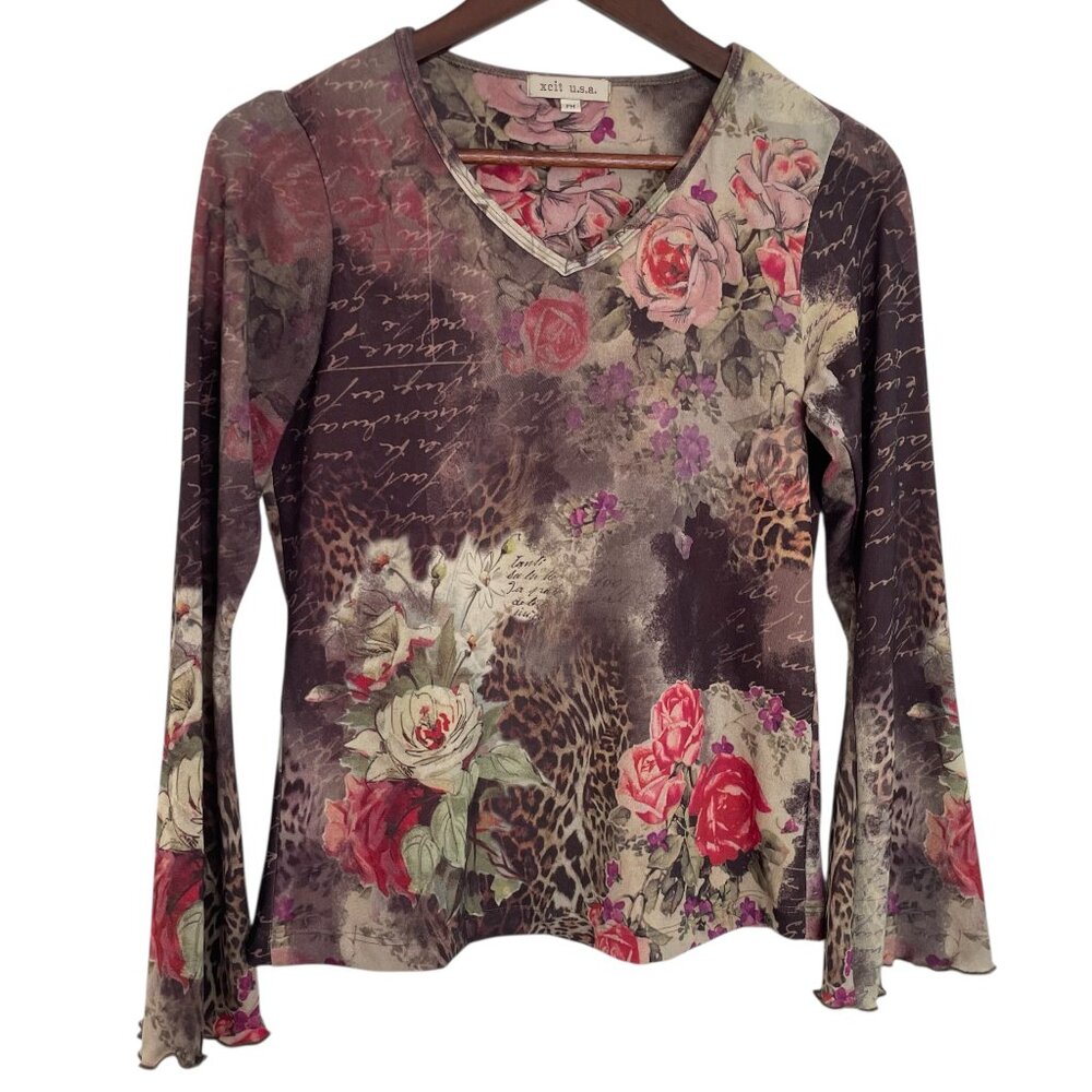 Vtg Y2K Xcit USA Bell Sleeve V Neck Top PM Petite Medium Roses Floral Boho Fairy